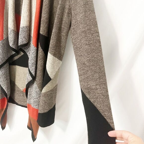 Tribal Asymmetric Open Front Geometric Cardigan Black Brown Orange Size S - Picture 5 of 6